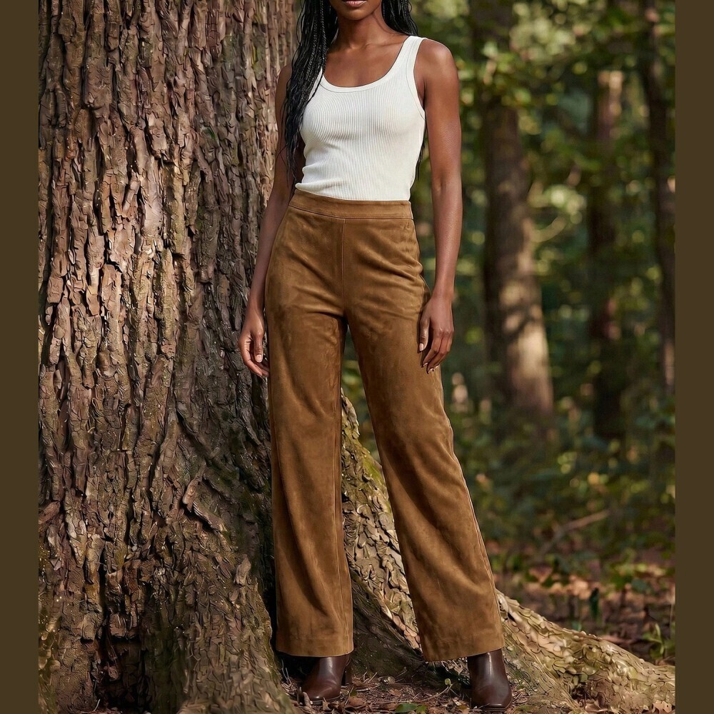 Camel Suede High-Waist Flare Pants